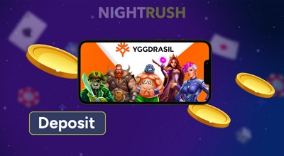 A phone with Yggdrasil games, a deposit button, and three gold coins against a starry setting.