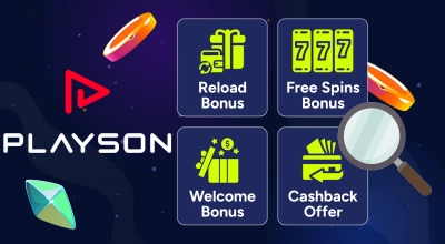 A bunch of casino bonus texts and images, with a magnifying glass, casino items and the Playson logo on a starry background.