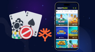 Nightrush with Yggrasil games, Yggrasil logo and responsible gambling symbol against a blue setting.