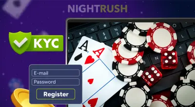 A laptop with casino chips and a keyboard image, KYC and registration buttons against a dark starry background.