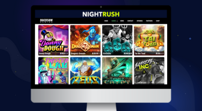 laptop showing hacksaw gaming game titles.