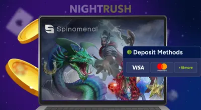 A laptop with Spinomenal games’ image, the Spinomenal logo, a deposit methods button and two golden chips against a dark starry background.