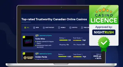 A laptop with Nightrush’s site and a certificate by Nightrush approving casinos with licences against a dark, starry background.