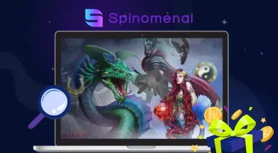 A laptop with Spinomenal games’ image, the Spinomenal logo, a blue gift box and a magnifying glass against a dark starry background.