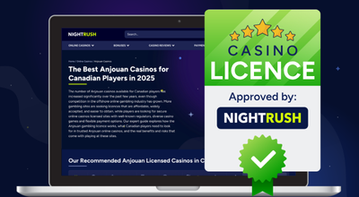 A laptop showing the NIGHTRUSH website and a CASINO LICENCE badge.