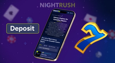 A smartphone displaying an article about casino payment methods, a Deposit button, and a number seven icon.