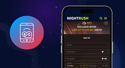 A smartphone showing a casino sign-up page next to a mobile compatibility icon.