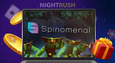 A laptop with Spinomenal games’ image, the Spinomenal logo, a red gift box and two golden chips against a dark starry background.