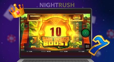 A laptop displaying an iSoftBet slot game with a crown and a lucky number seven.