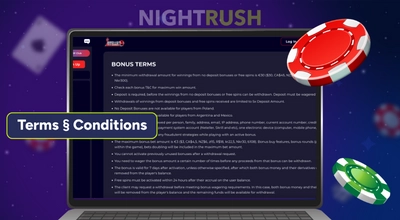 A laptop displays Bonus Terms on its screen, with casino chips floating nearby.