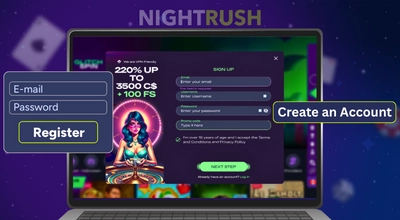 A laptop displaying a casino sign-up page, with a Create an Account button.