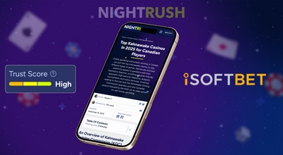 A smartphone with the NIGHTRUSH website and iSoftBet logo, showing a Trust Score.