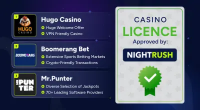 A certificate by Nightrush approving casinos with licences, Hugo Casino, Boomerang Bet and Mr Punter are featured against a dark starry background.