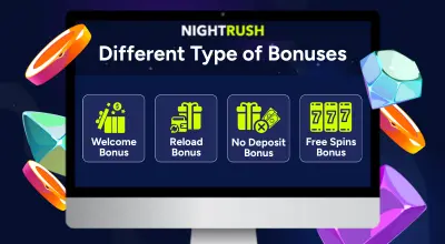 A laptop with different types of bonuses featured and casino items around against a dark, starry background.