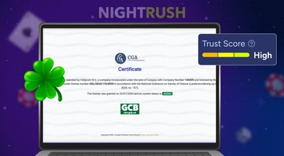 A digital certificate on a laptop screen with a green High trust score and a four-leaf clover.