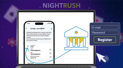 A laptop shows the MFinity page on creating a new IBAN with a bank symbol, a white cursor and a register button next to it on a starry background.