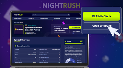 Nightrush's Spinbet page, claim now and visit website button with a cursor on a blue setting.