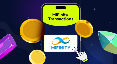 A phone shows MiFinity Transactions, the MiFinity logo and a cursor clicking on the box, with a bunch of casino items around it, on a blue, starry background.