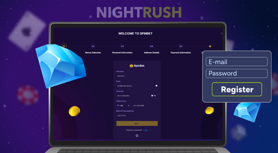 A laptop with Spinbet, a register button, and a blue gem on a blue setting.