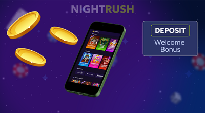 A phone with Spinbet games, golden chips, and a deposit welcome bonus button on a blue setting.