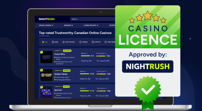 A laptop displays a casino review page next to a five-star Casino Licence badge approved by Nightrush.
