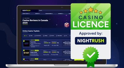 Laptop showing Nightrush website, an approved badge.