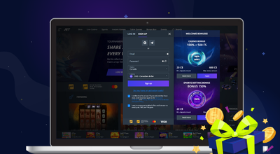 Laptop showing Jet Casino register pop up.