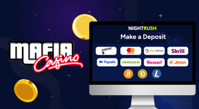 Laptop showing deposit methods, Mafia casino logo.