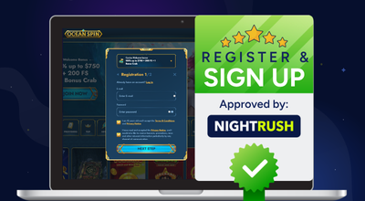 Laptop showing Oceanspin casino, approved by Nightrush badge.