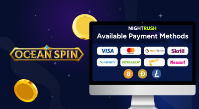 Laptop showing payment methods, oceanspin logo.