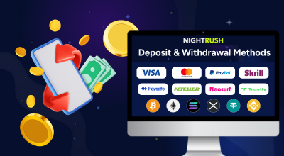 A computer monitor displays online casino deposit & withdrawal methods.