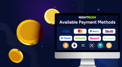 A screen lists Available Payment Methods including cards, e-wallets, and cryptocurrencies, next to gold coins.