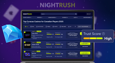 A laptop displays Nightrush's list of Curacao casinos, highlighting a High Trust Score next to a large blue diamond.