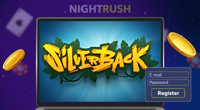 Silverback Gaming logo on a laptop with a register button and two golden chips on a blue background.