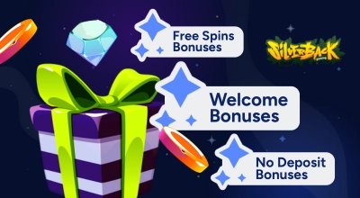 Silverback Gaming logo with a bunch of casino bonuses and a gift box on a blue setting.