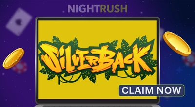 Silverback Gaming logo on a laptop with a claim now button and two golden chips on a blue setting.