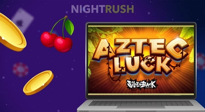 Azteck Luck slot on a laptop, a cherry and two golden chips next to it on a blue setting.