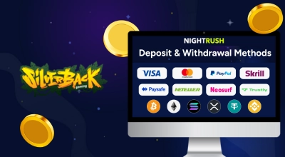 A screen with deposit and withdrawal methods, golden chips and Silverback Gaming logo next to it.