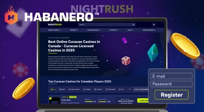 Laptop screen showing a casino review page with registration fields and floating coins and gems.