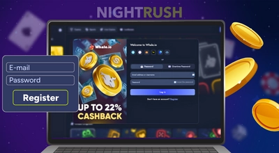 Laptop screen showing a casino login and registration pop-up form with floating coins.