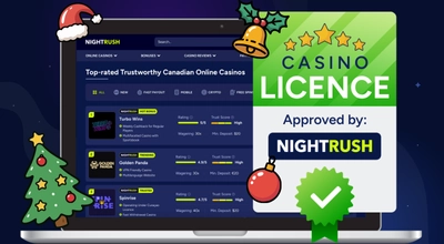 Laptop showing Nightrush website, approved badge, Christmas related icons.