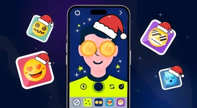 Phone showing an avatar, Christmas related items.