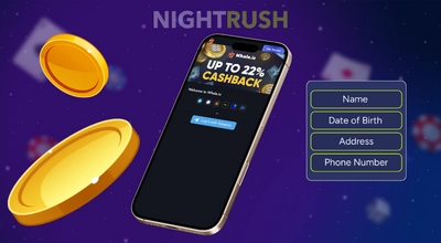 Smartphone showing a casino login screen with registration fields listed next to it.