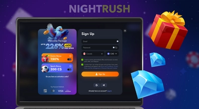 A casino sign-up form on a laptop with bonus details and floating diamonds.