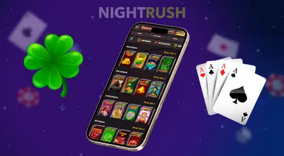 Smartphone showing a casino lobby with jackpot games, a clover, and a fanned hand of aces.