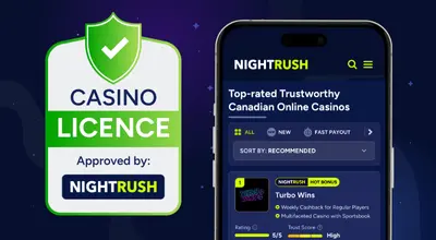 A phone on the Nightrush casino list with a casino licence on a dark background.
