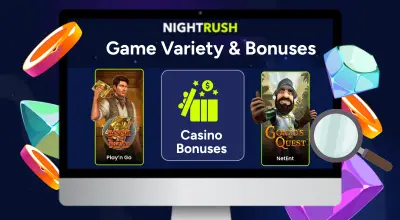 A screen with a Nightrush logo, a bonus and two slots; casino items on a dark background.