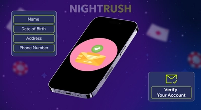 Mobile phone with an email verification icon and fields for name and contact details.