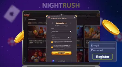 Laptop screen showing a casino registration pop-up form asking for email and password.