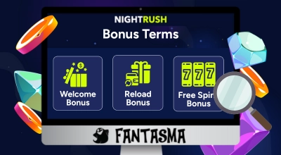 Laptop showing bonus types with bonus terms title, Fantasma logo.
